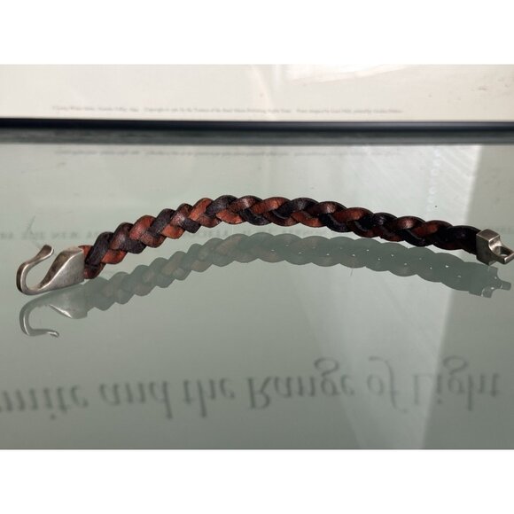 VTG Woven Leather Sterling Silver Bracelet Brown .5" wide Swordfish 8.75" - Picture 7 of 8